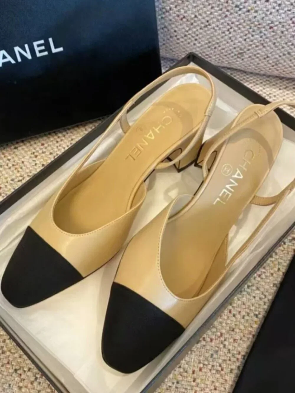 CHANEL Two-Tone Cap Toe Block Heel Slingback Pumps